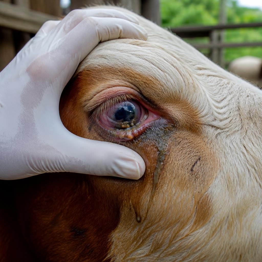 Miiase ocular em bovino sendo examinada por veterinário